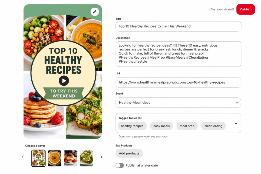 pinterest pin creation screen showing video upload cover image selection and optimized description text