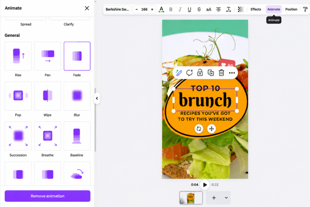 close up of canva animation settings panel showing simple fade and pop text effects