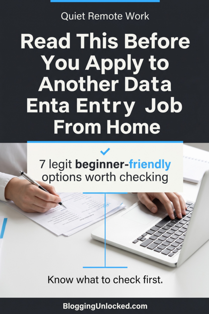 Pinterest pin about data entry jobs from home with the headline “Read This Before You Apply to Another Data Entry Job From Home” above a quiet workspace with hands, notes, and a laptop.