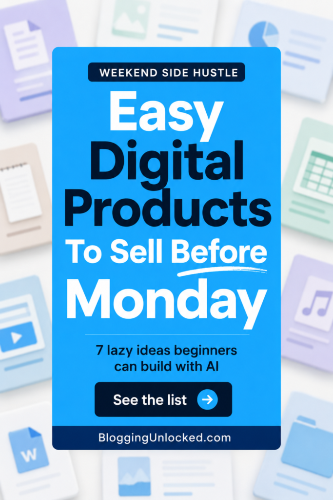 Vertical Pinterest pin with a blue typography layout about easy digital products to sell before Monday and beginner AI product ideas.
