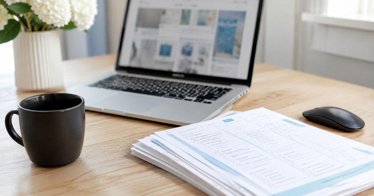 Neatly printed household planning templates representing easy digital products to sell from home on a clean morning desk.