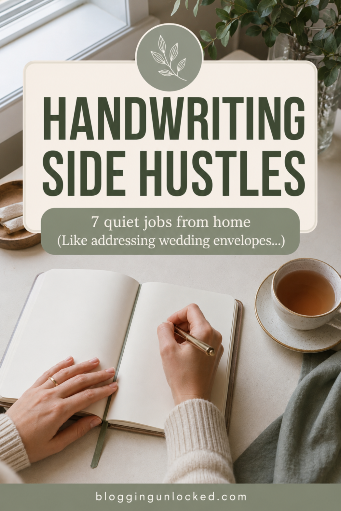 Pinterest pin showing hands writing in a blank notebook on a clean desk with tea, featuring the text “Handwriting Side Hustles” and “7 quiet jobs from home