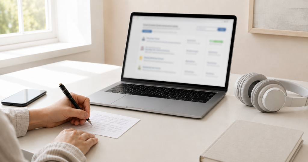 A quiet home workspace with a laptop, headphones, and handwritten notes for researching legitimate data entry jobs from home.
