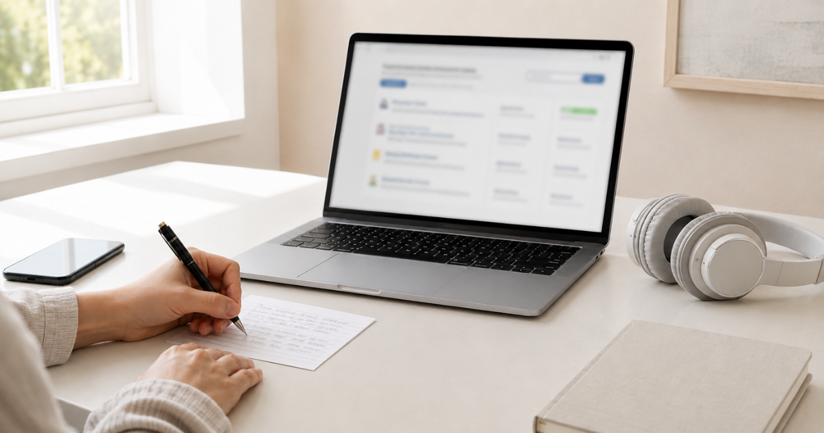 A quiet home workspace with a laptop, headphones, and handwritten notes for researching legitimate data entry jobs from home.