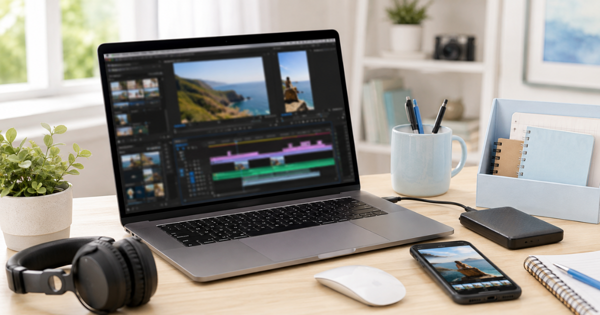 Bright home video editing desk setup with a laptop, headphones, phone, and external drive for learning how to make money editing videos from home.