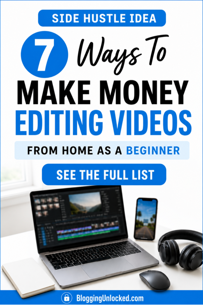 Pinterest pin with a clean blue and white BloggingUnlocked design showing a laptop video editing workspace and text about 7 ways to make money editing videos from home.