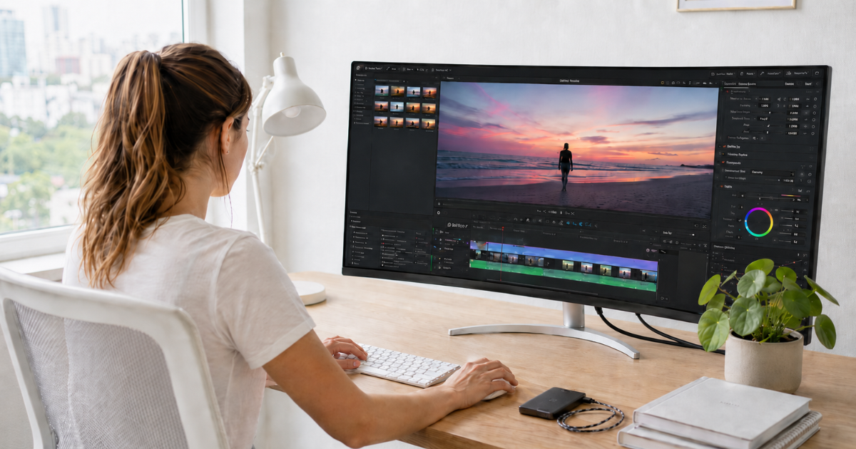 A creative workspace with a laptop showing video editing software, representing how to make money editing videos from home.