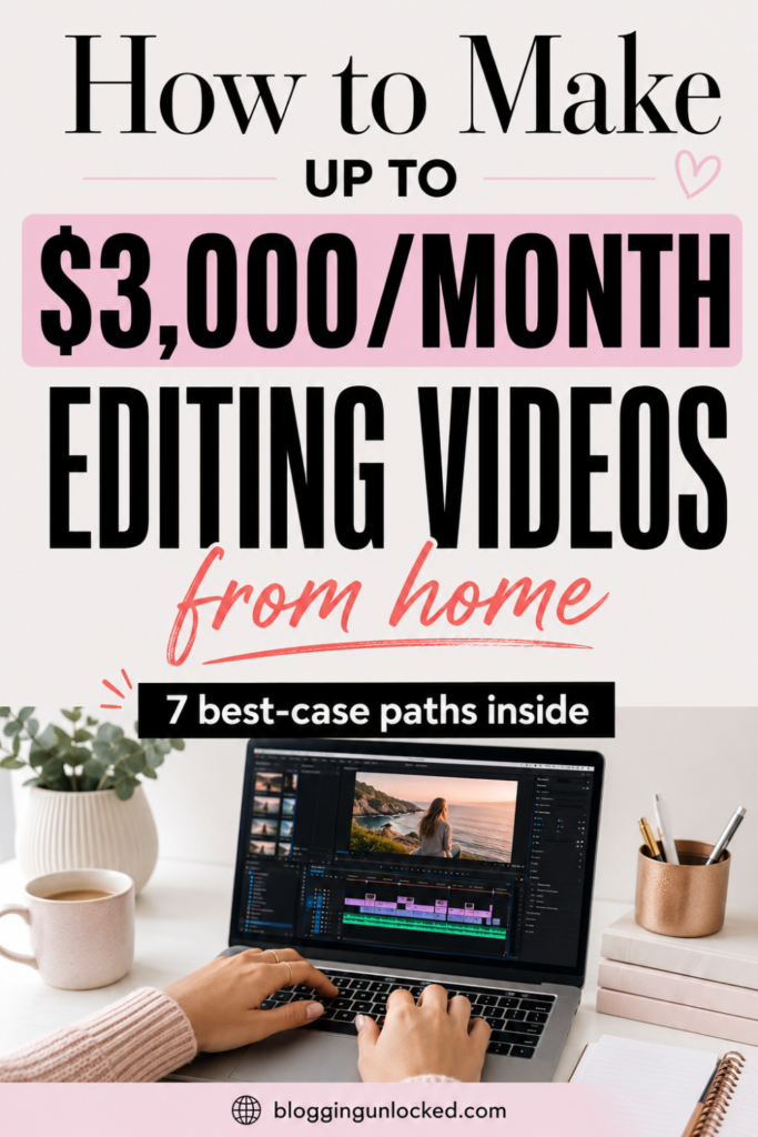 Pinterest pin showing hands editing a video on a laptop at a feminine desk setup with bold text that says how to make up to $3,000/month editing videos from home and 7 best-case paths inside.