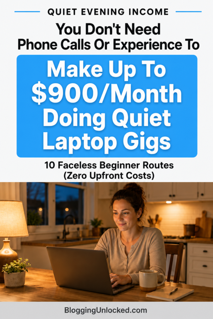 A Pinterest pin graphic with bold blue and charcoal text reading 'Make Up To $900/Month Doing Quiet Laptop Gigs' with 'No Phone Calls Or Experience To' specified. Below the text is a warm, cozy photograph of a woman in her 30s in casual attire sitting at a wooden kitchen table at night, typing on a laptop under warm lamp light. The footer reads BloggingUnlocked.com.
