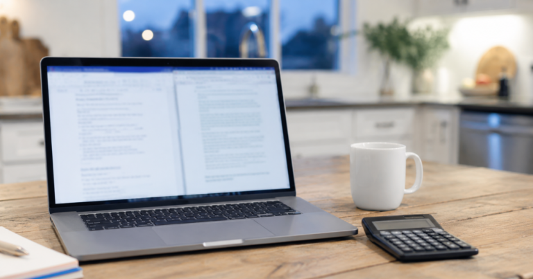 A workspace view of an open laptop on a table displaying text editor software used for quiet laptop side hustles.