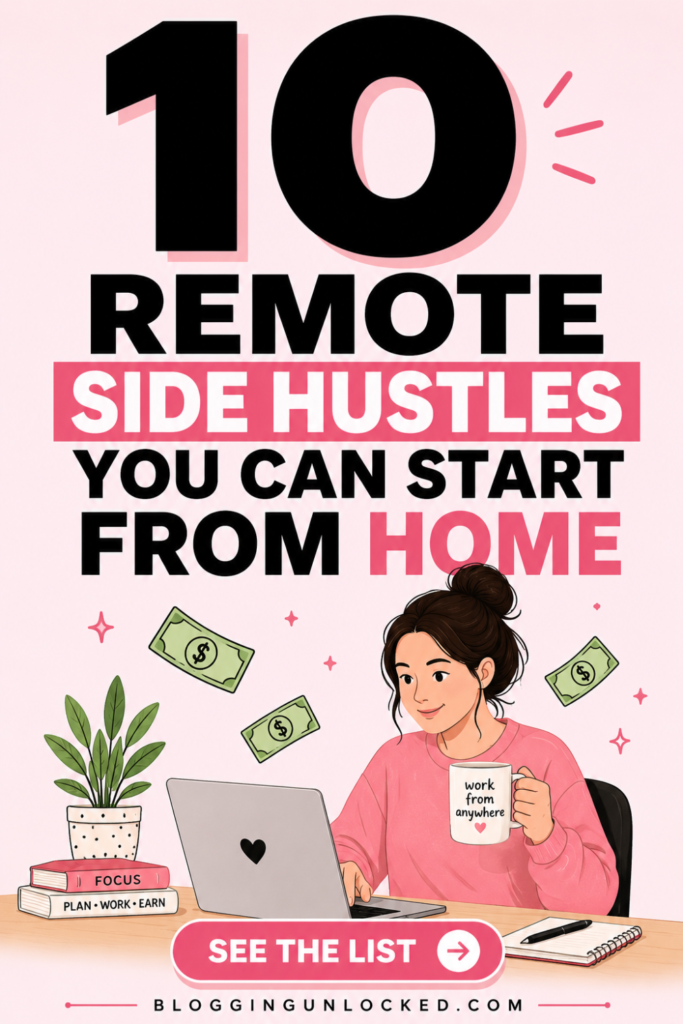 Pinterest pin graphic with bold text reading 10 remote side hustles you can start from home, featuring an illustrated woman working on a laptop.