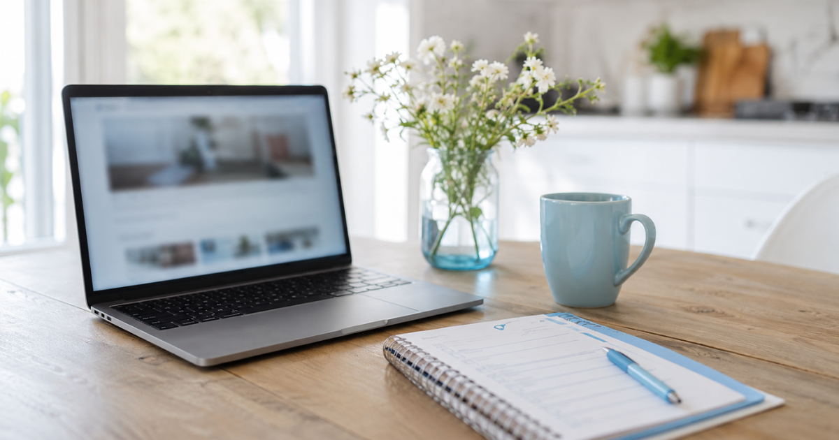 Bright kitchen-table workspace showing a laptop and checklist for researching self employed jobs from home.