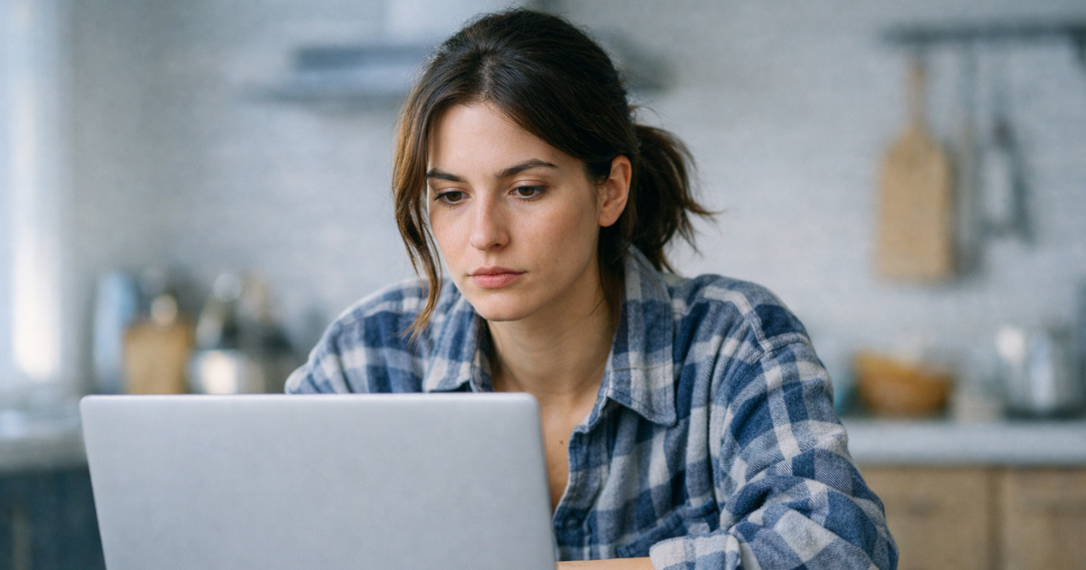 A focused young woman working at a bright kitchen island on her laptop, setting up her core affiliate marketing tools.
