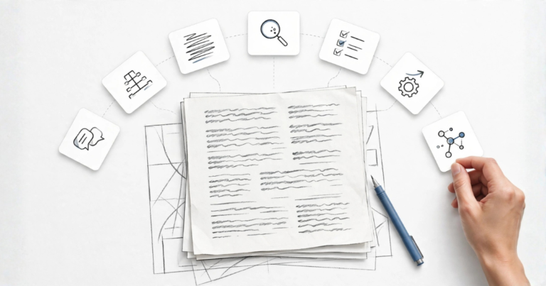 Seven AI writing tools represented around a blog manuscript as a blogger selects the best tool for a specific writing task.