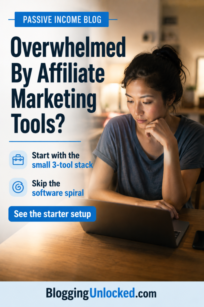Pinterest pin with a clean blue route line moving through abstract maze blocks, with text about affiliate tool advice feeling like a maze and following a simpler 3-tool starter path.