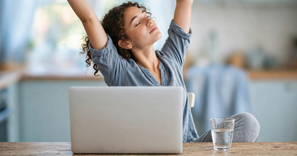 A young woman stretching in relief at her laptop after setting up her Pinterest marketing tools to fully automate her blog traffic.