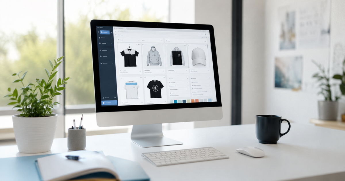 A clean morning desk setup for running a print on demand Etsy store featuring vector t-shirt designs on a computer screen.